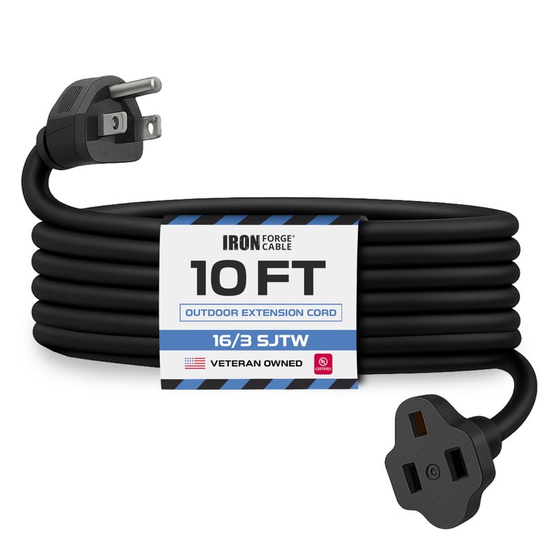 Iron Forge Cable 10 Ft Black Extension Cord, 16/3, 10 Foot Extension Cord, 3 Prong, Weatherproof - Great for Outside Use - Image 1